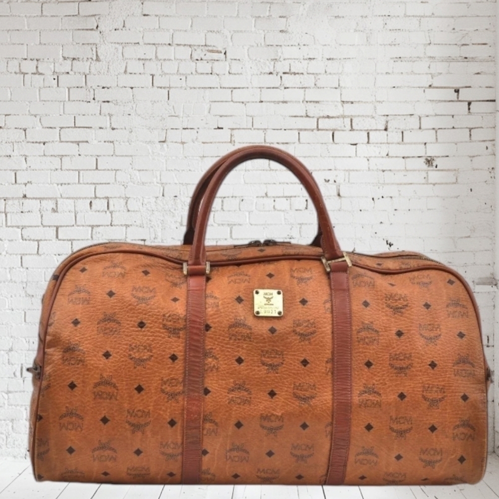 MCM Visetos Leather Boston Bag Brown Unisex Vintage